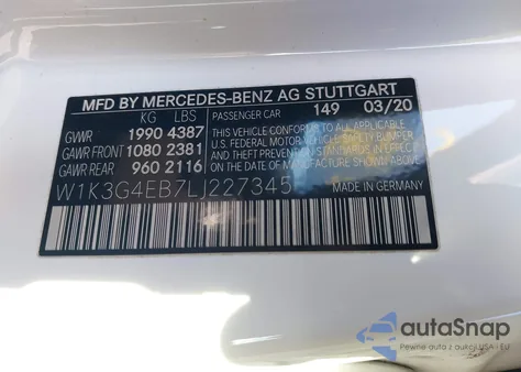 2020 Mercedes-Benz A 220 z USA, uszkodzony, nr VIN W1K3G4EB7LJ227345